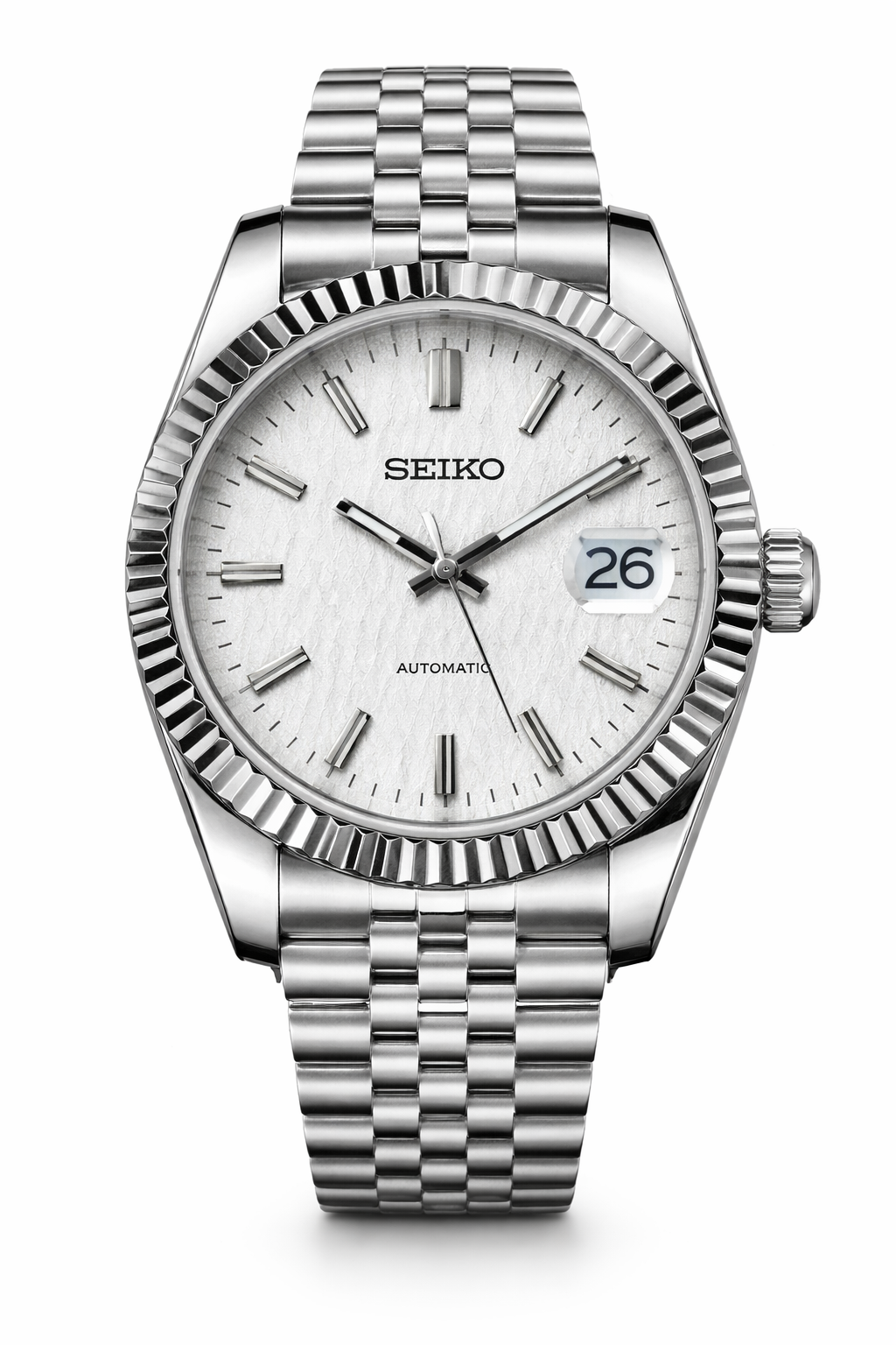 Seiko Datejust white dial automatic watch on architectural concrete background
Seiko Datejust stainless steel automatic watch close-up
Luxury Seiko Datejust textured white dial fluted bezel