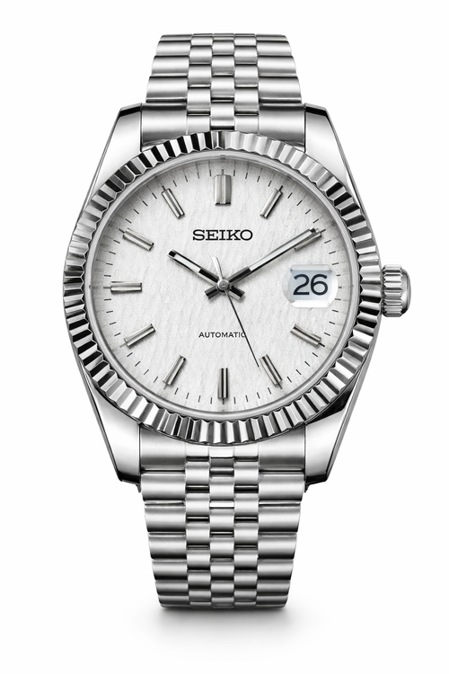 Seiko Datejust white dial automatic watch on architectural concrete background
Seiko Datejust stainless steel automatic watch close-up
Luxury Seiko Datejust textured white dial fluted bezel